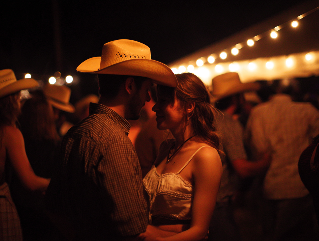 A couple at a nighttime country fair or dance, standing close with faces nearly touching, wearing cowboy hats, with string lights in the background.