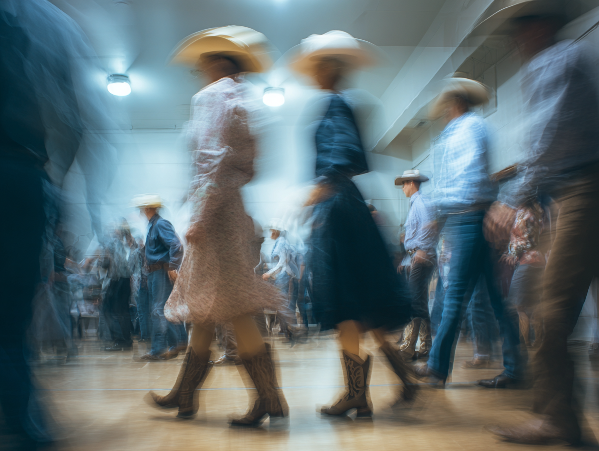 People wearing cowboy hats and western style clothing dancing in a barn or hall with motion blur.