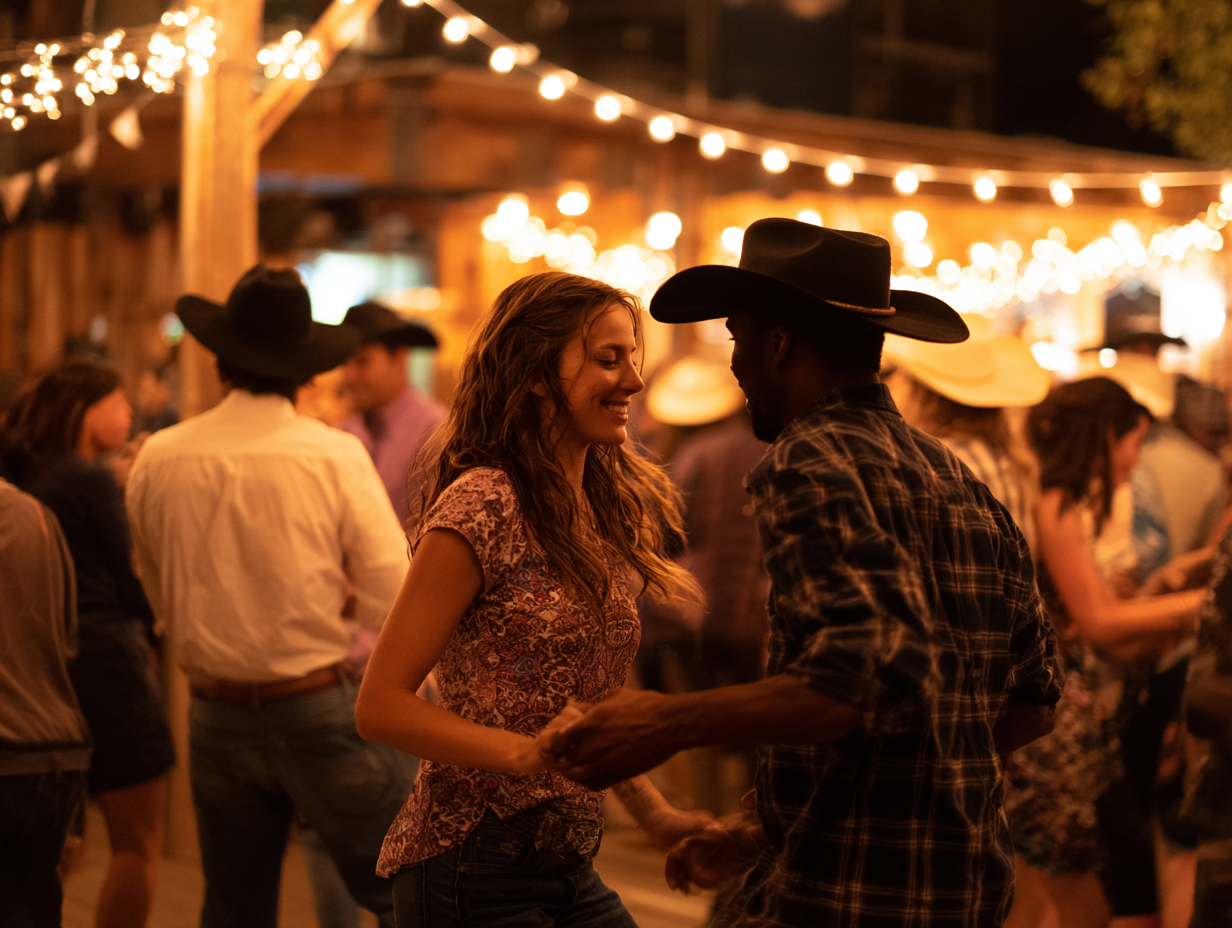 A woman and a man in cowboy hats dancing together at an outdoor event decorated with string lights at night.