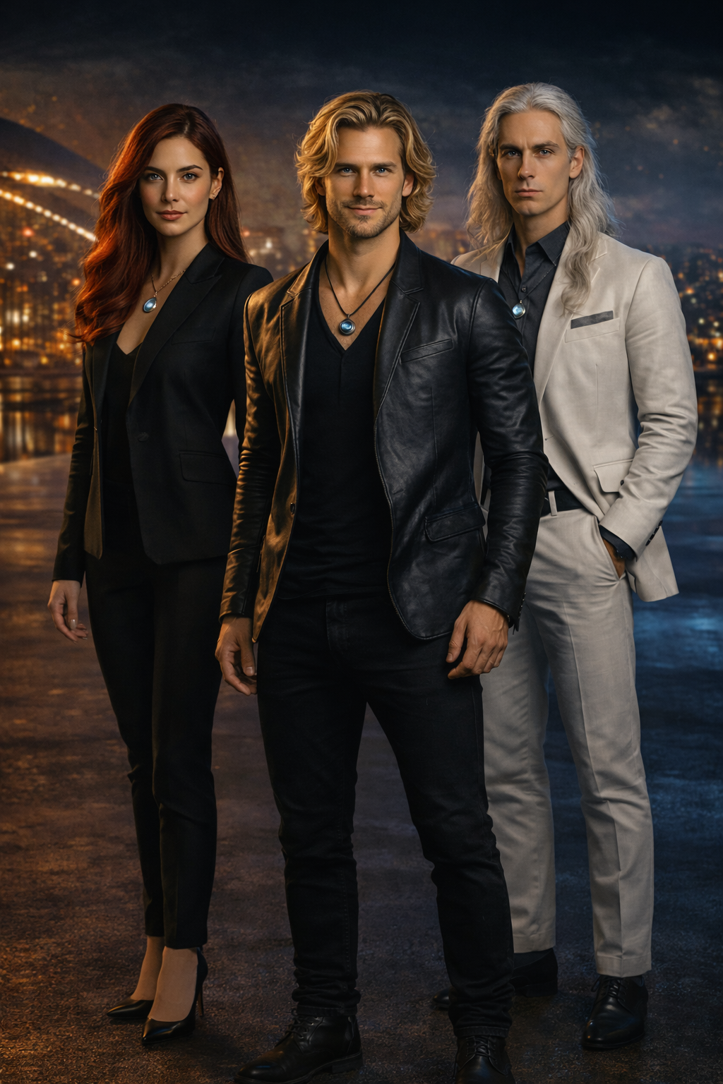 Three individuals standing outdoors at night with city lights and mountains in the background, dressed in fashionable suits and wearing glowing jewelry.
