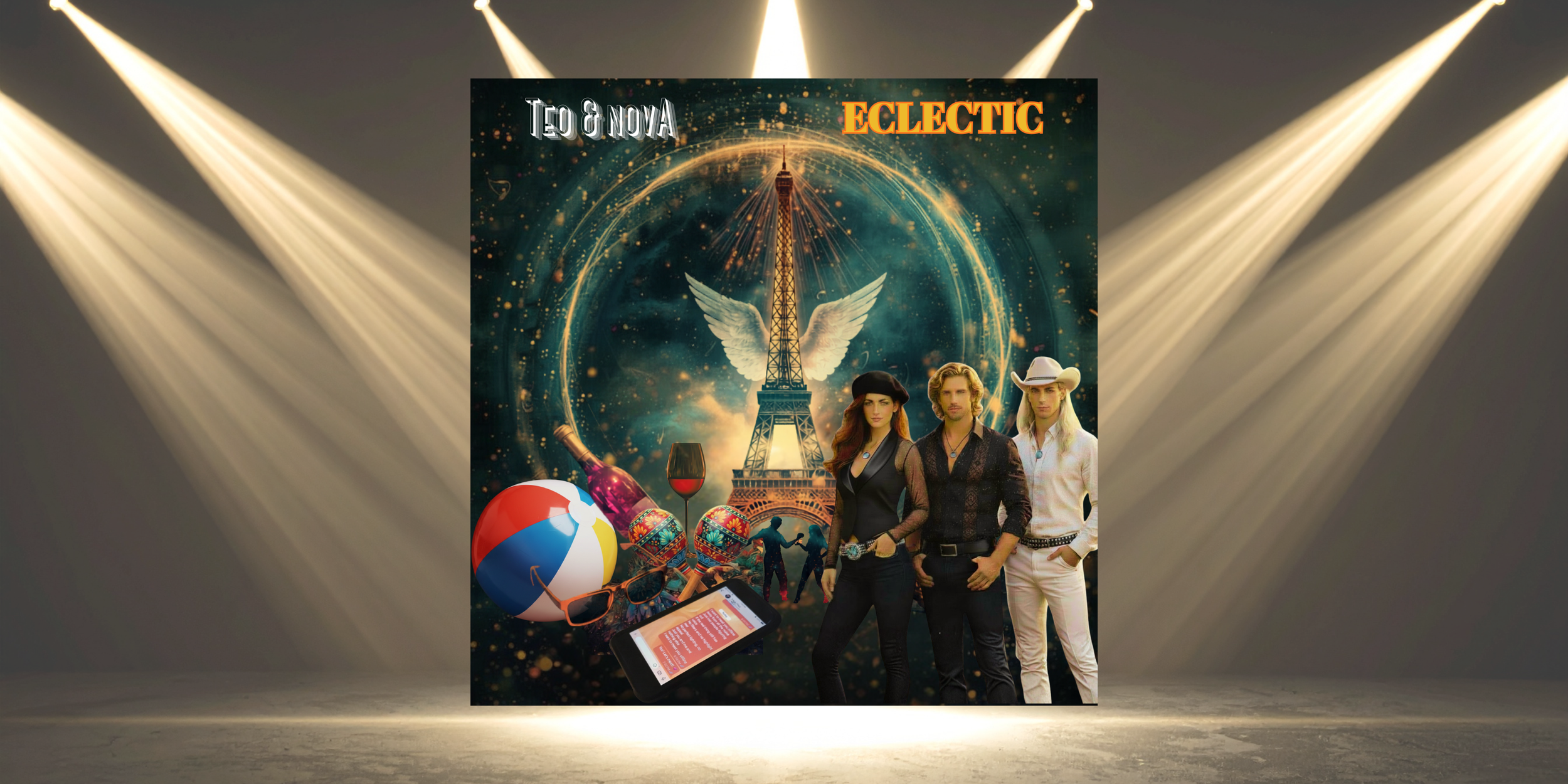 A promotional poster featuring the Eiffel Tower with angel wings in front of a cosmic background, three people in fashionable clothing, beach ball, sunglasses, wine glass, a colorful bottle, and a smartphone, with the text "TEO & NOVA ECLECTIC" at the top.