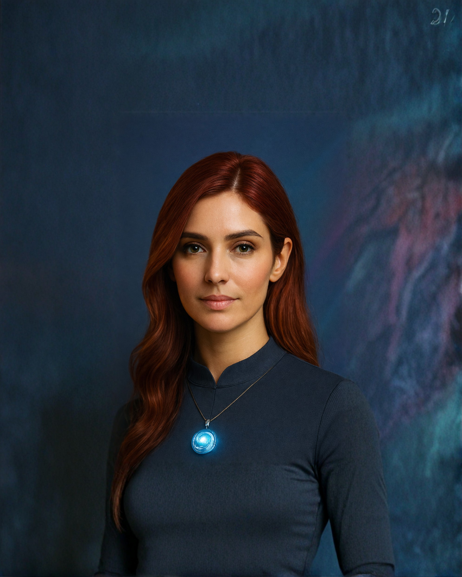 A woman with long, wavy red hair wearing a dark blue turtleneck sweater and a glowing blue pendant necklace, standing with a dark, multicolored abstract background.