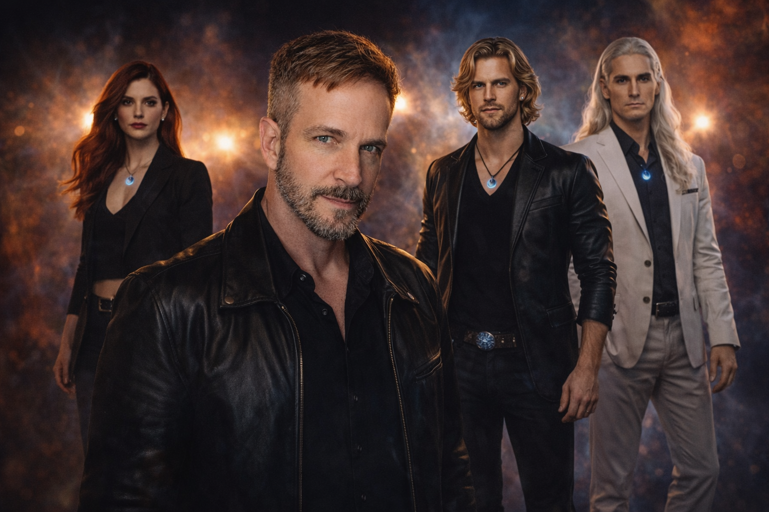 Four people, three men and one woman, standing against a cosmic background with glowing lights. The man in the front has short, light-colored hair and a beard, wearing a black leather jacket. The woman on the left has long red hair, wearing a black blazer and necklace with a glowing blue pendant. The man in the middle has wavy blond hair, wearing a black leather jacket and necklace with a glowing blue pendant. The man on the right has long blond hair, wearing a light-colored blazer and black shirt, also with a glowing blue pendant.