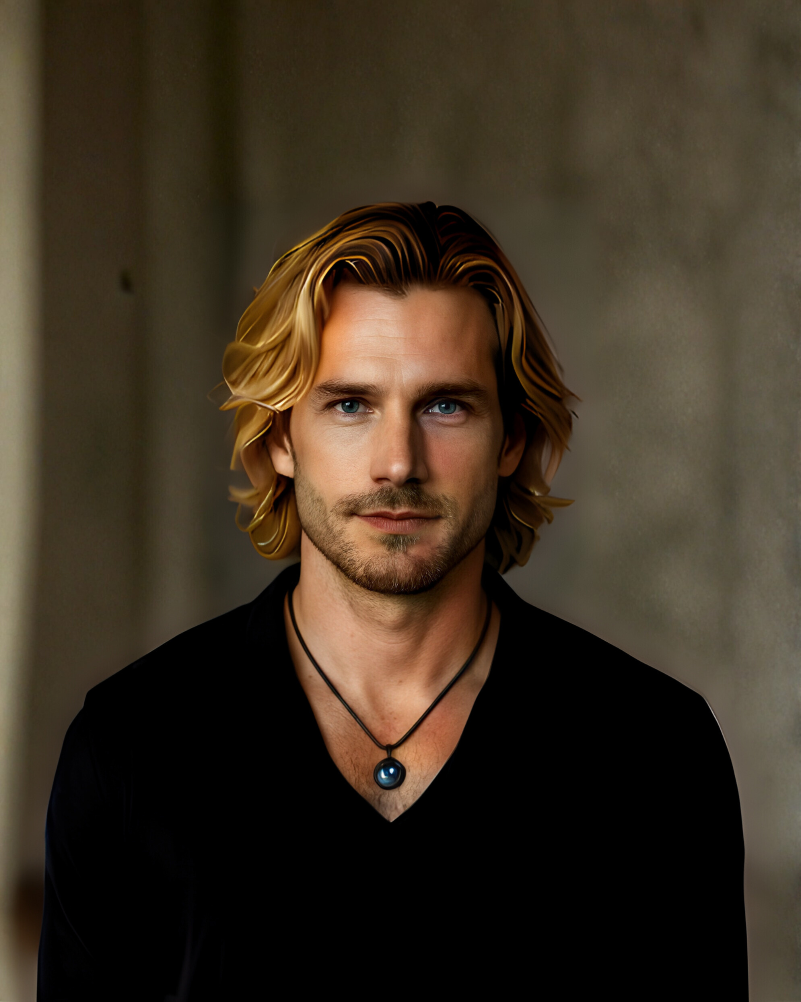 A young man with shoulder-length blonde hair, blue eyes, and a slight smile, wearing a black shirt, a necklace with a spherical pendant, and standing against a plain background.