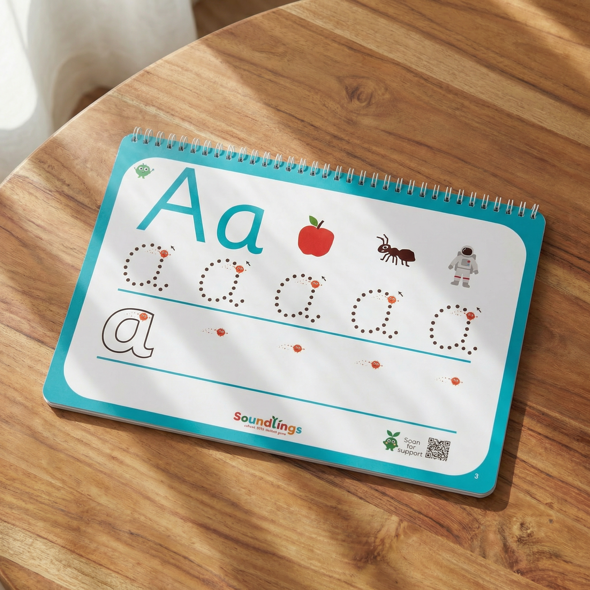 Phonics activity busy book one letter formation task with handwriting practice and images in laminated colourful wire bound book to develop Phonics knowledge of the sounds. For children aged 3 plus.