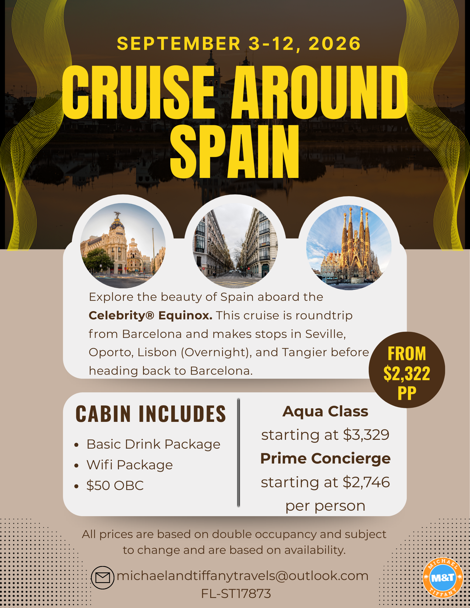 Travel advertisement for a cruise around Spain from September 3-12, 2026, showing images of Madrid, a street in Madrid, and Sagrada Familia in Barcelona. Includes details about cruise itinerary, prices starting at $2,322 per person, and cabin inclusions such as drink packages and WiFi.