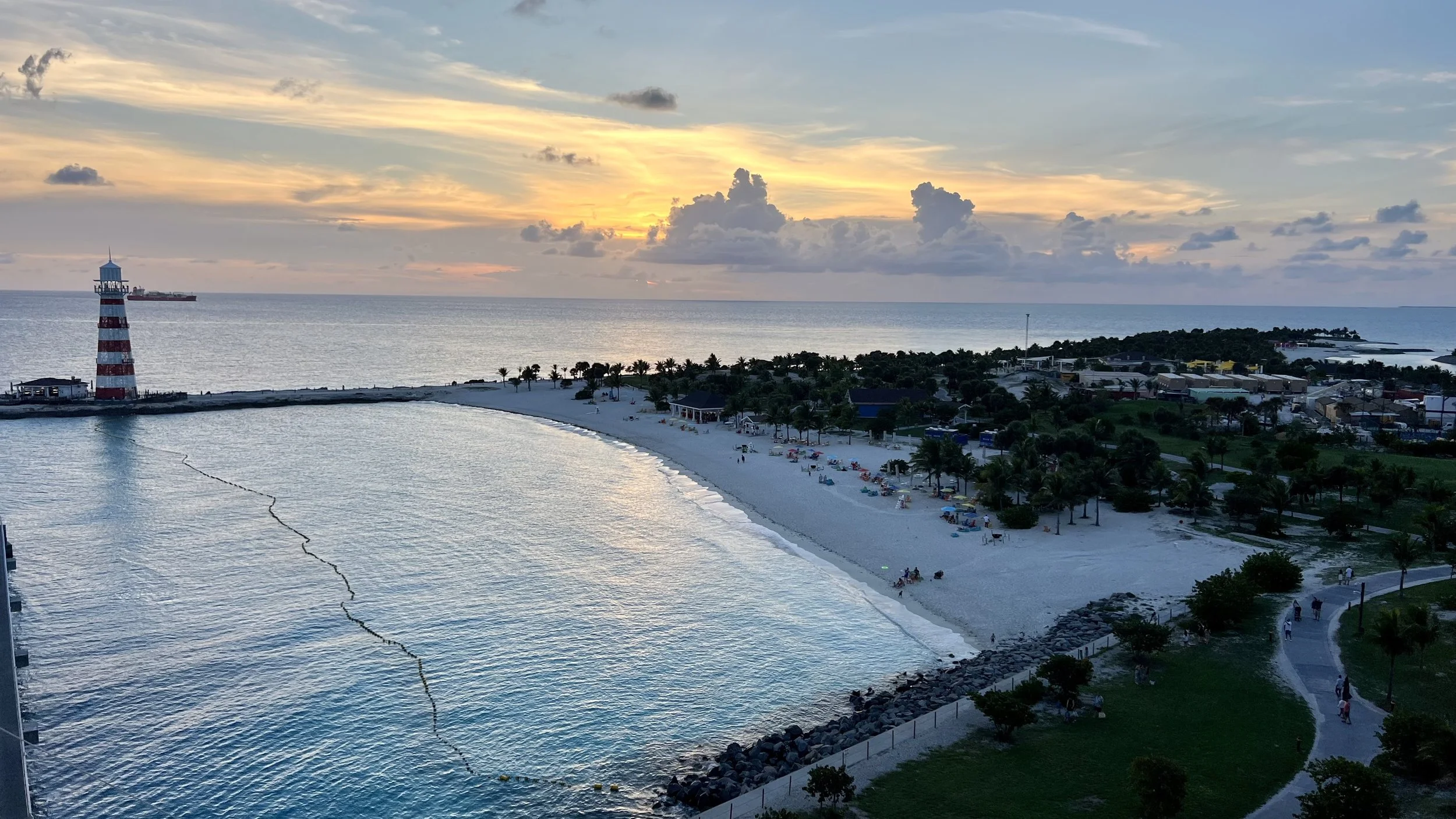 MSC private island Ocean Cay at sunset time with the lighthouse in the background