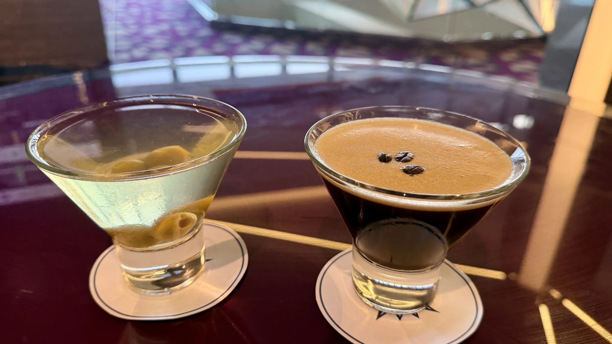 Espresso martini and dirty martini on glass table in lounge on MSC cruise ship