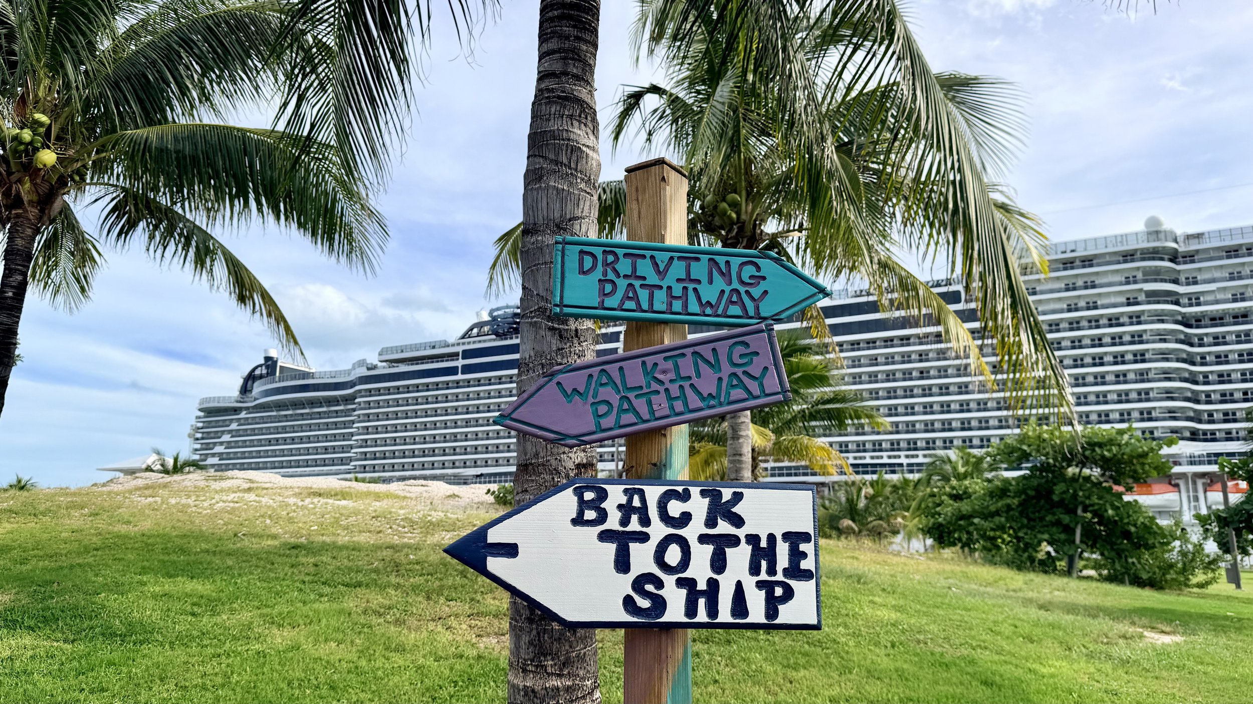 MSC Seashore cruise ship with palm trees and Ocean Cay sign