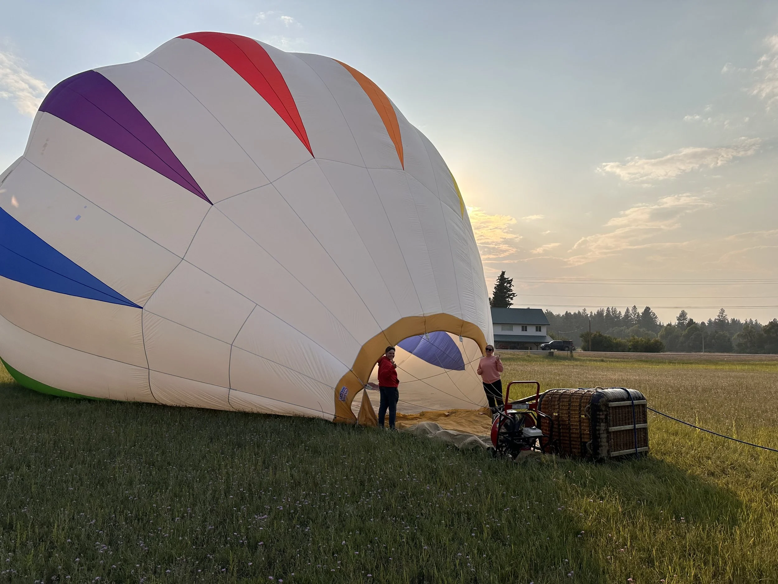 People preparing a hot air balloon for inflation on a grassy field at sunset, with a basket and propane tanks nearby.