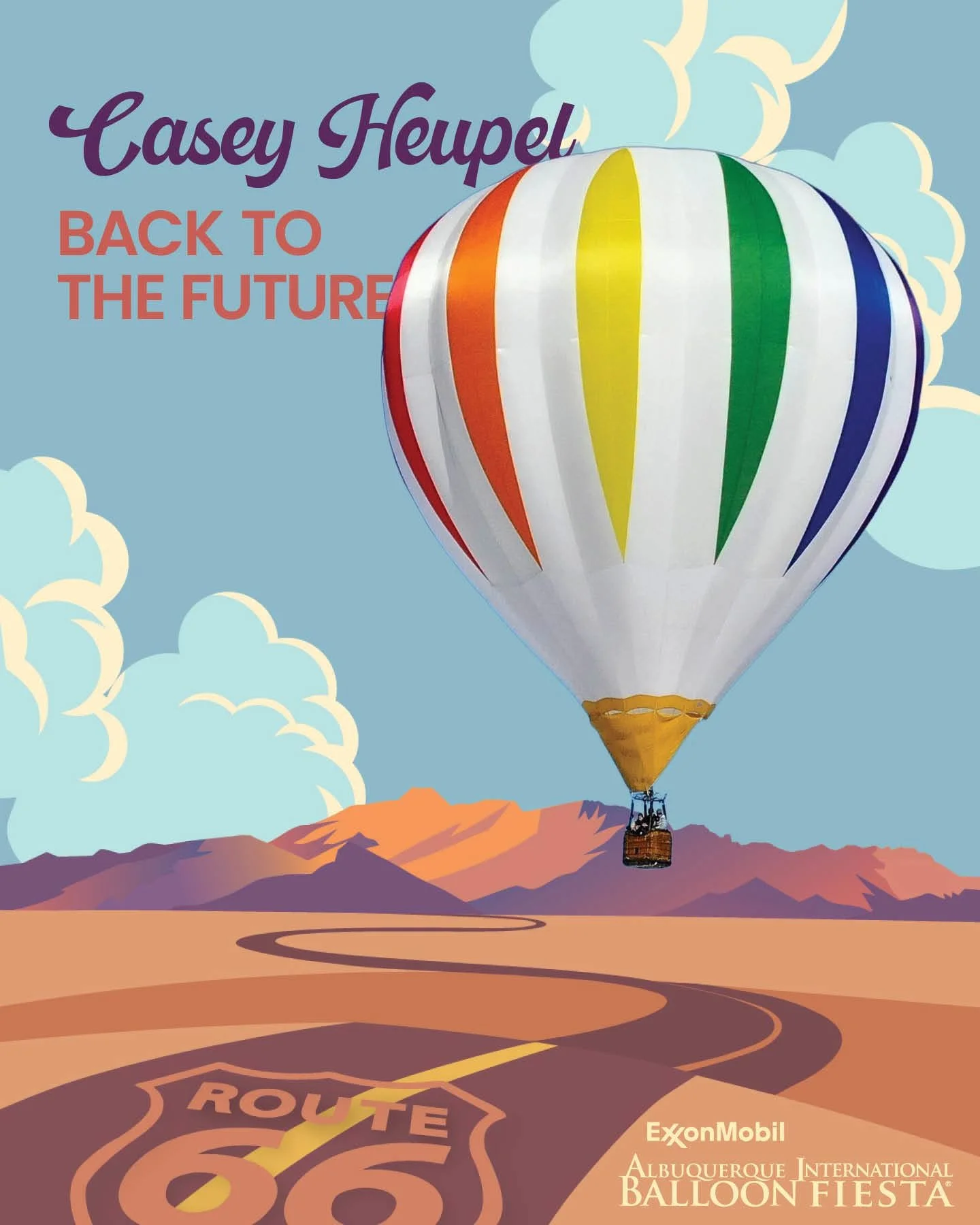 A colorful hot air balloon floats in the sky over a desert landscape with mountains, with the Route 66 road sign painted on the ground below. The image promotes the Albuquerque International Balloon Fiesta.
