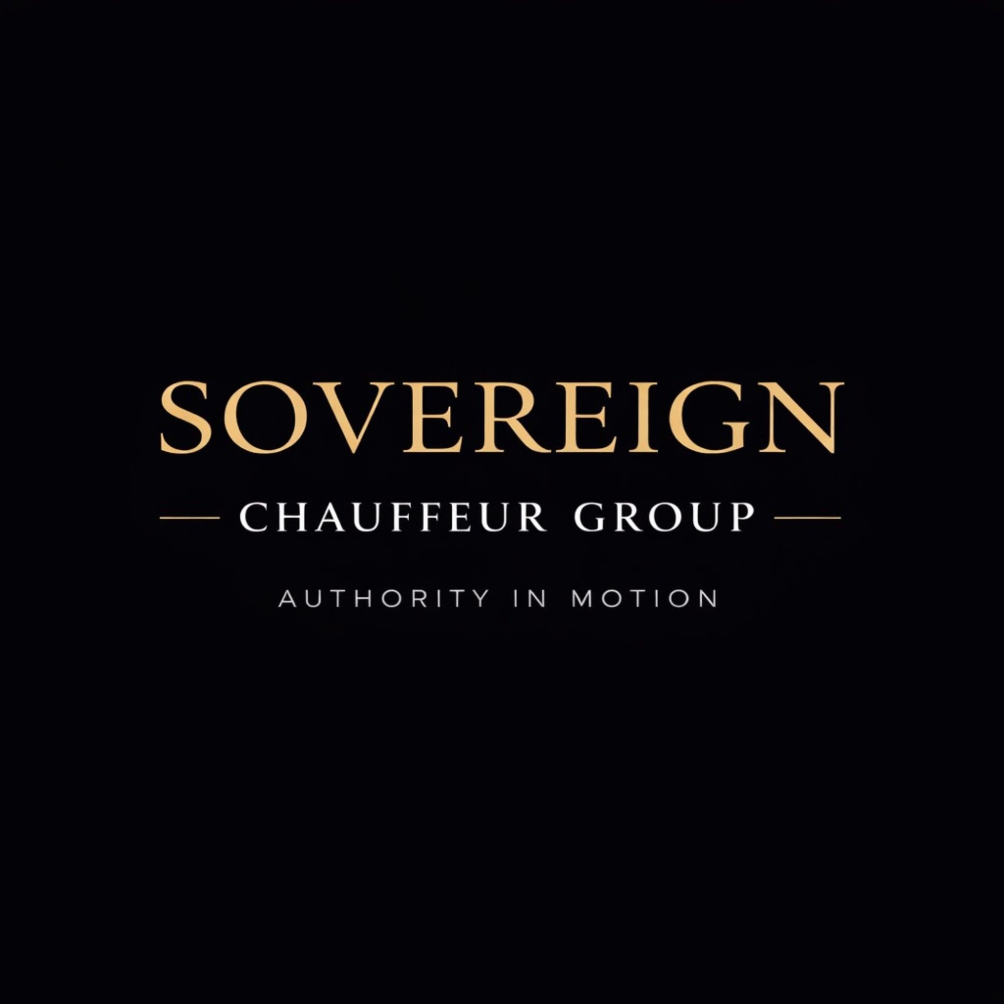 Sovereign Chauffeur Group logo with slogan 'Authority in Motion' on a black background.