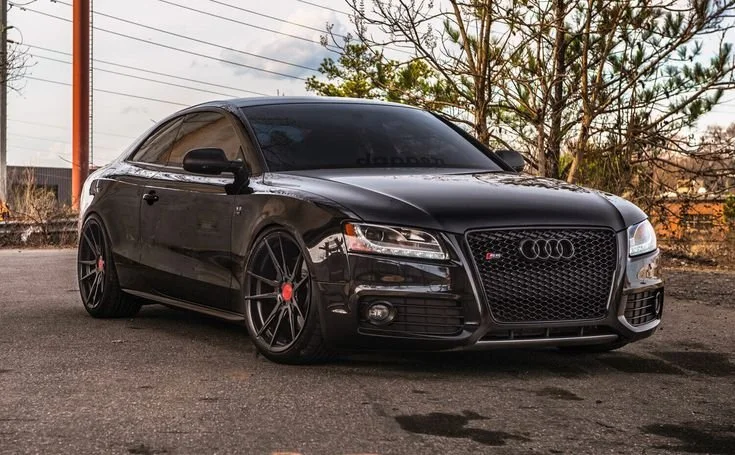 Black Audi S5 coupe parked on a paved surface with trees and utility lines in the background.