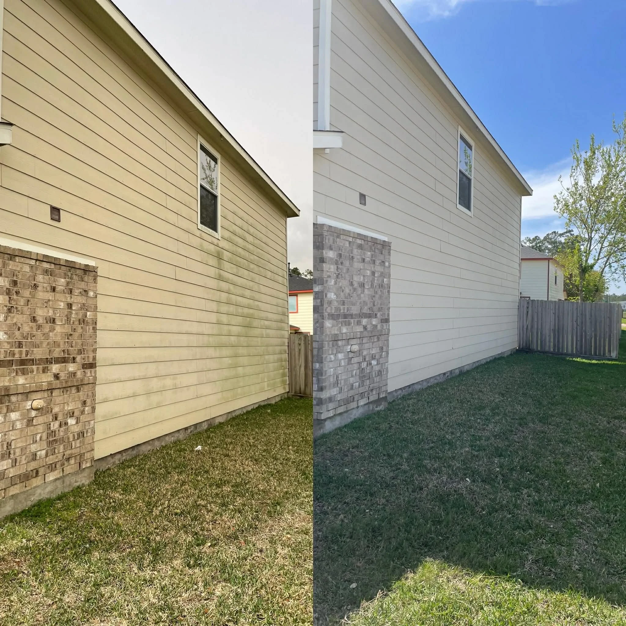Side-by-side comparison of a house's exterior showing a before and after of siding replacement. The left side shows the house with older, yellowish siding and stained brick, while the right side shows the house with new, clean, off-white siding and a fresh brick accent. The yard features green grass and a wooden fence.