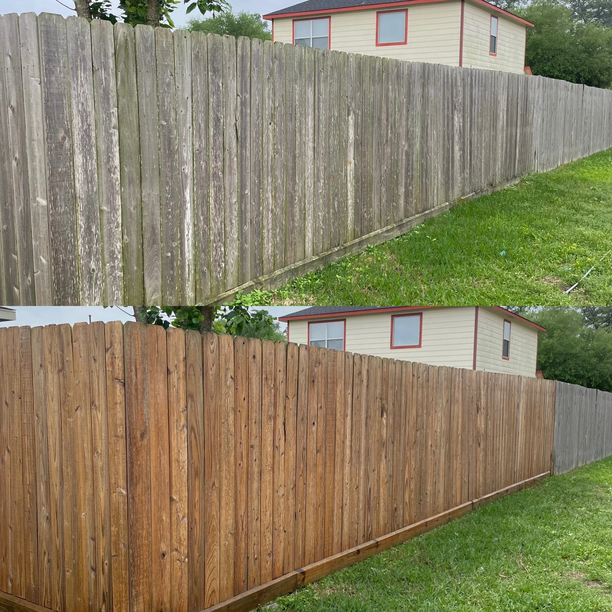 Comparison of two wooden fences: the top fence is weathered and gray, while the bottom fence is newly stained and reddish-brown, both next to a cream-colored house with red trim and green grass.