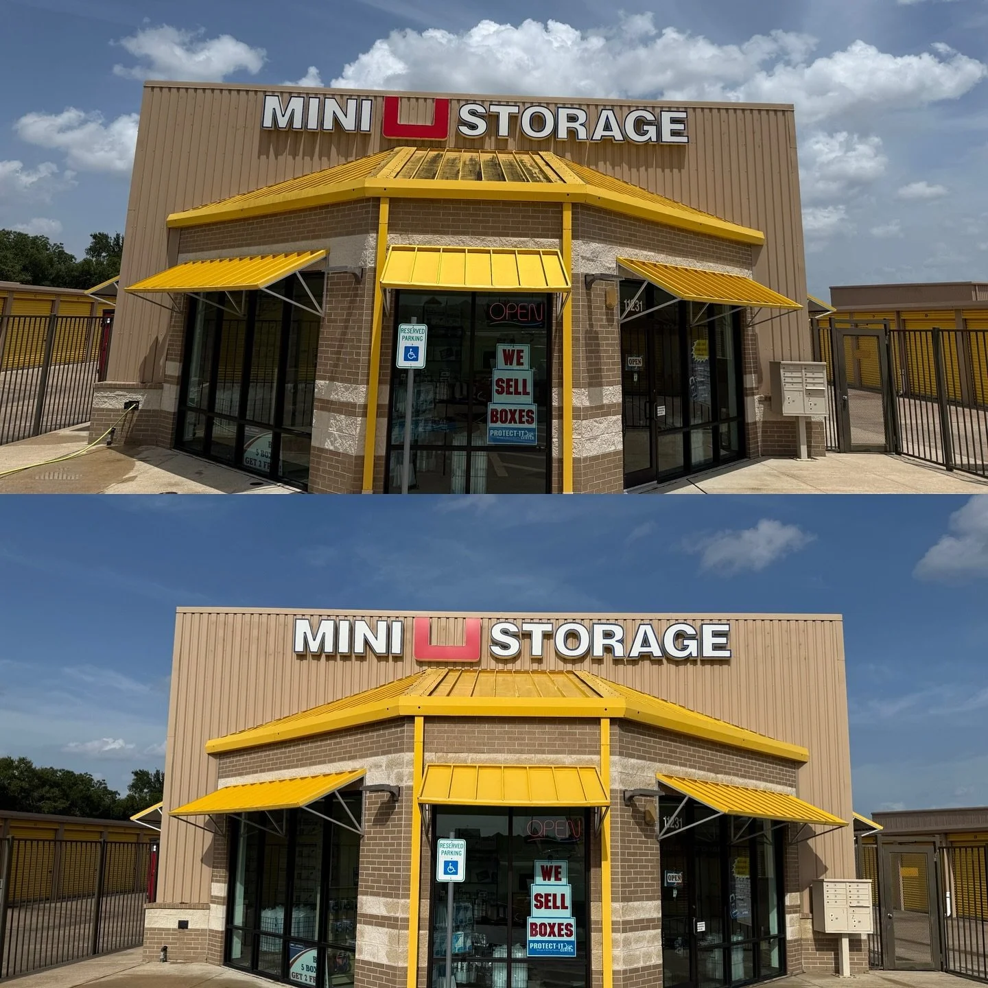 Front view of a Mini Storage facility with yellow awnings and a sign indicating they sell boxes, under a partly cloudy sky.