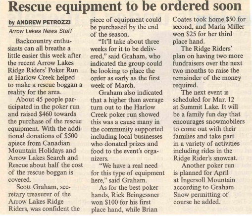 Newspaper article titled 'Rescue equipment to be ordered soon' by Andrew Petrozzi discussing Arrow Lakes Ridge Riders' efforts to raise funds for rescue equipment, including details on donations, events, and plans.