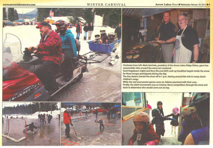 Collage of images from the Arrow Lakes Winter Carnival: top left shows people riding snowmobiles, top right shows two men baking food at a stall, bottom left and middle depict children and families playing hockey and on ice, bottom right shows kids p