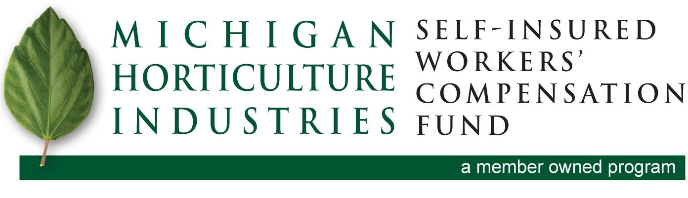 Logo of Michigan Horticulture Industries Self-Insured Workers' Compensation Fund featuring a green leaf on the left and text on the right.