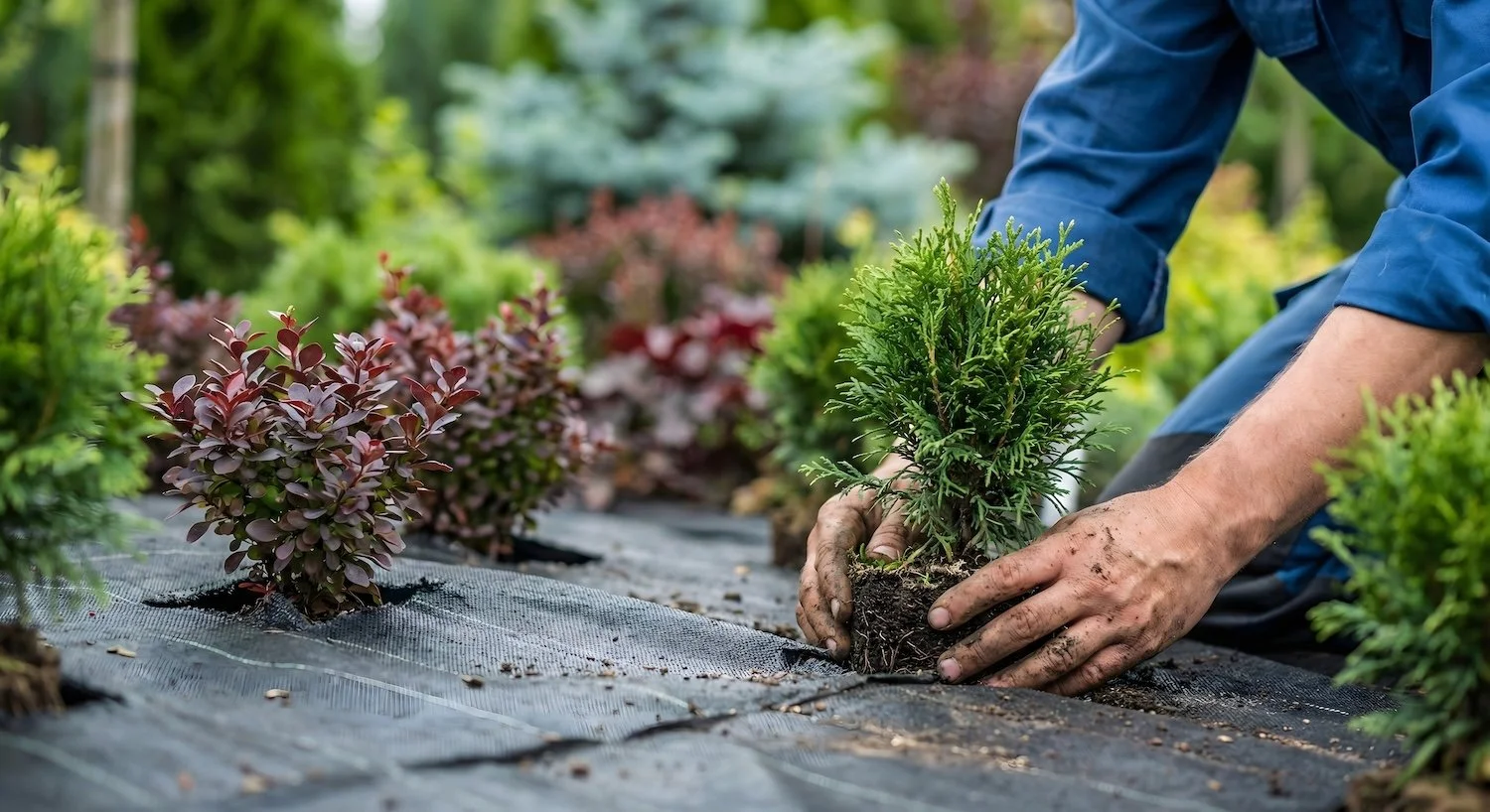 Landscape professional planting evergreen shrubs in a prepared garden bed