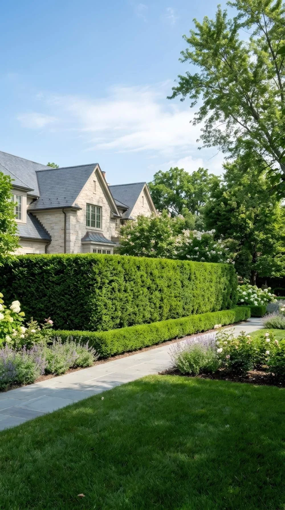 Stone house with boxwood hedge and path