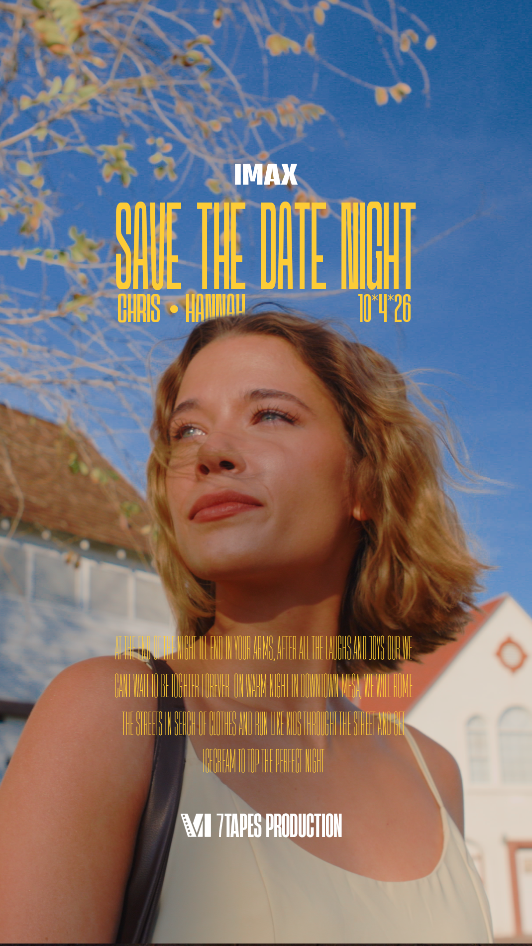 A woman with curly blonde hair looking up against a blue sky with tree branches and leaves. Text overlays include "IMAX", "Save the Date Night", "Chris Hannah", and the date "10/4/26". There is additional small text at the bottom and a logo that read