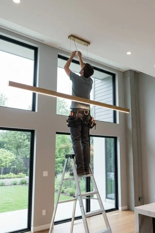 A person standing on a ladder installing a ceiling fixture in a modern home with large windows and a view of a green outdoor area.