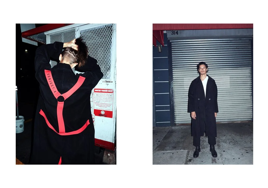 Two photos of young men standing outside at night. The left photo shows a man with dark hair tied back, wearing a black coat with red accents, standing with his back to the camera. The right photo shows a man with medium dark hair, wearing a long bla