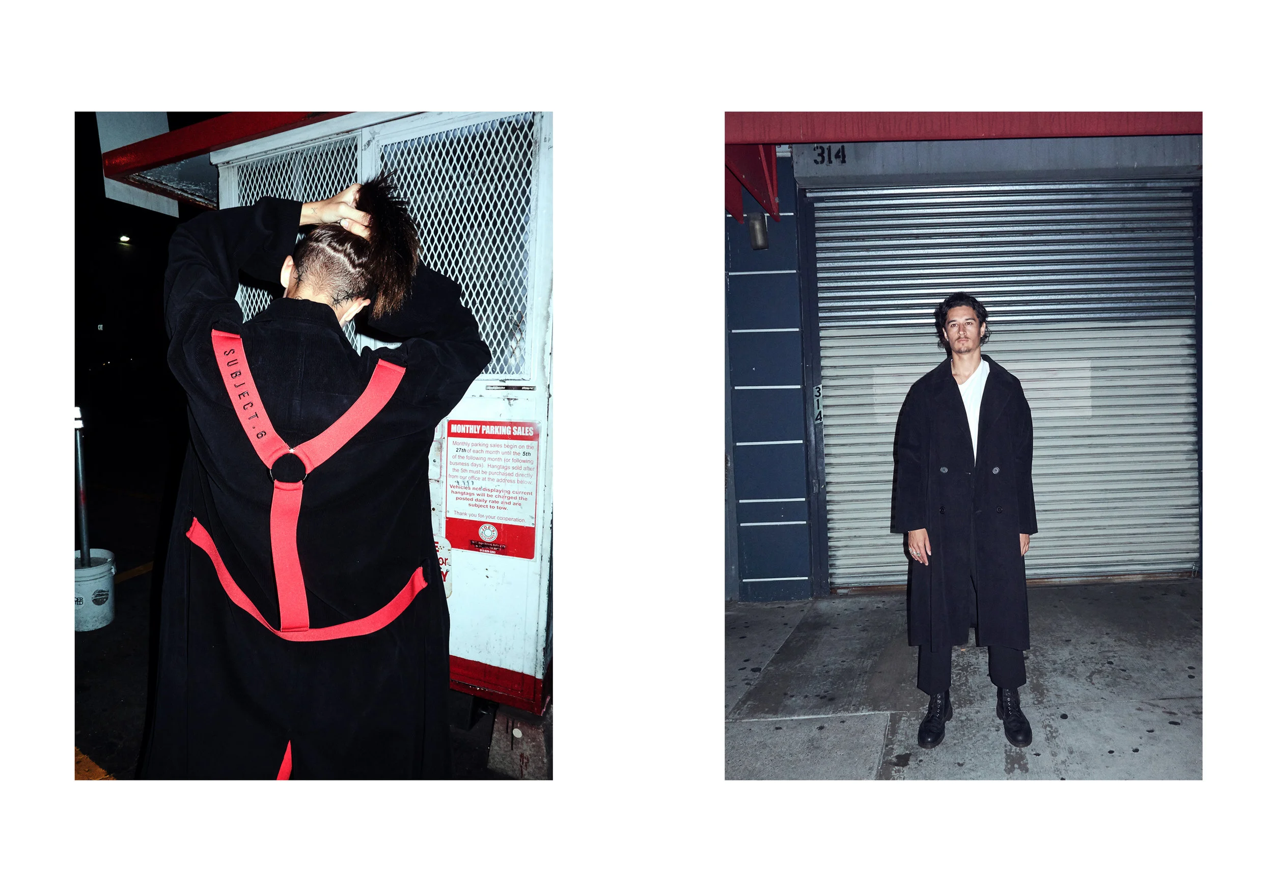 Left image shows a person with short hair wearing a black coat with red accents, adjusting their hair while standing next to a red and white parking sign. Right image depicts a man with dark hair and mustache in a black long coat, standing in front o