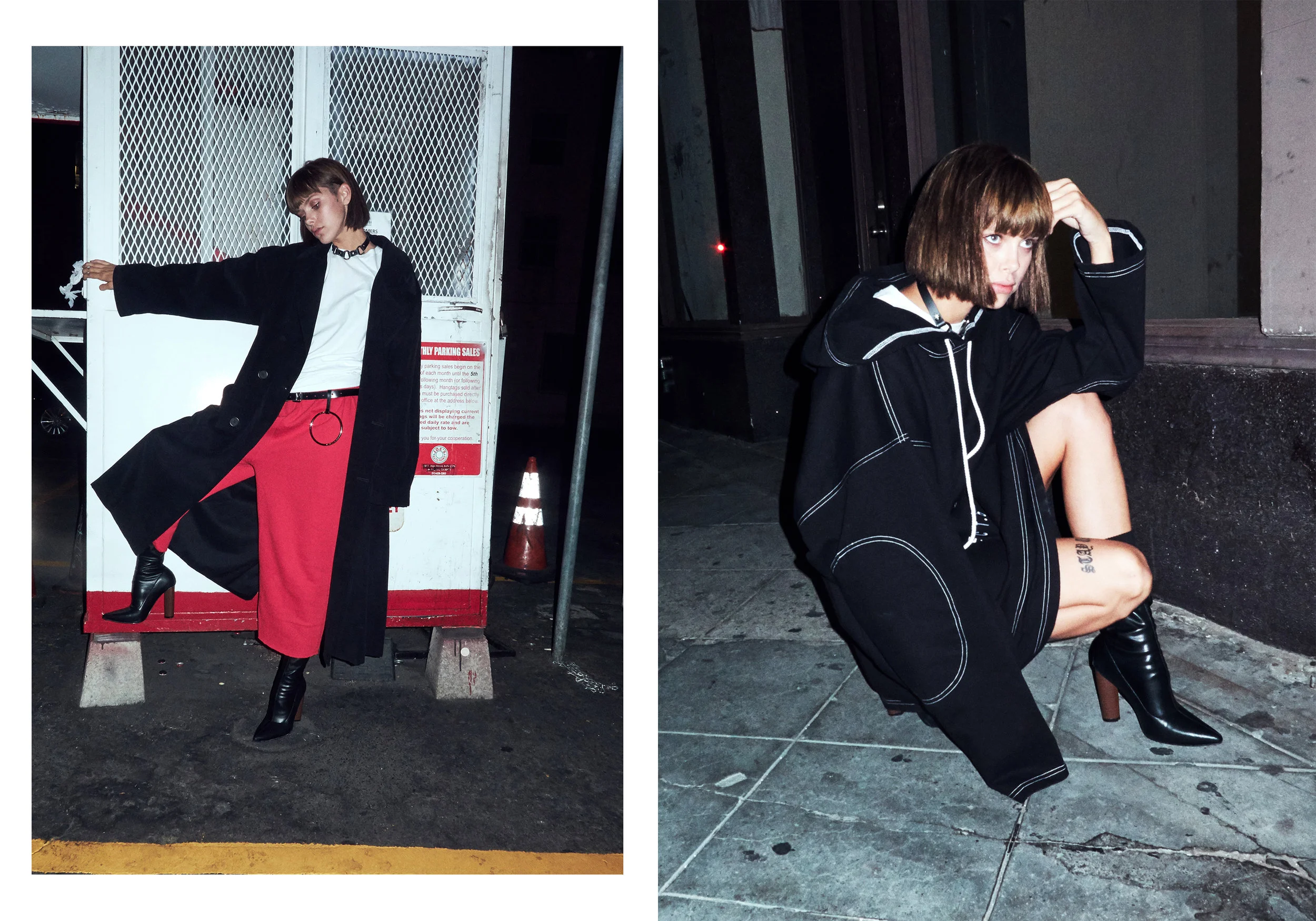 Two photos of a young woman with short brown hair, wearing black and white outfits with high-heeled boots in urban nighttime settings. In the left photo, she is standing with one foot on the ground, leaning against a white metal grid structure, weari