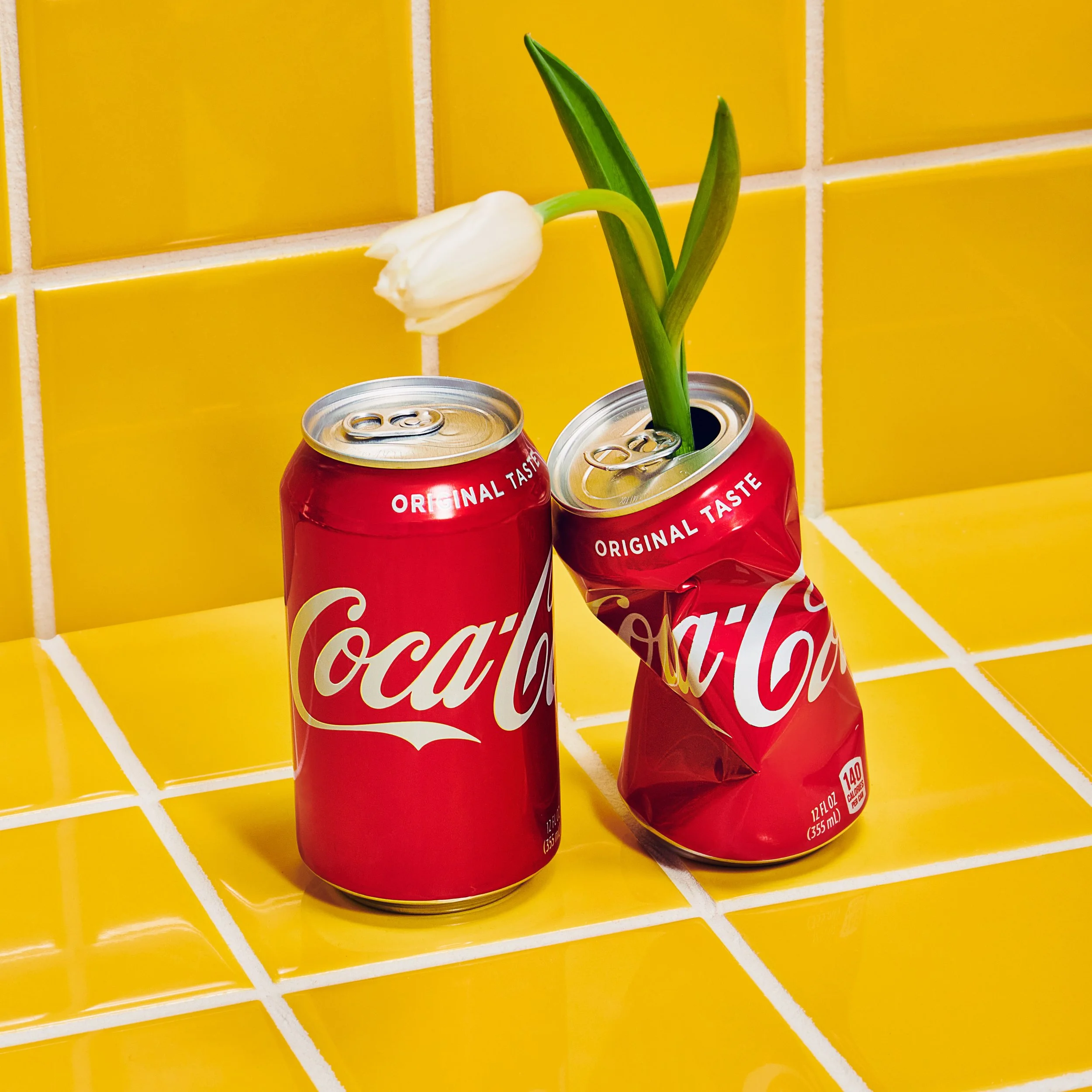 A white tulip with green leaves growing from an opened Coca-Cola can, placed on a yellow tiled surface with yellow tiled background.