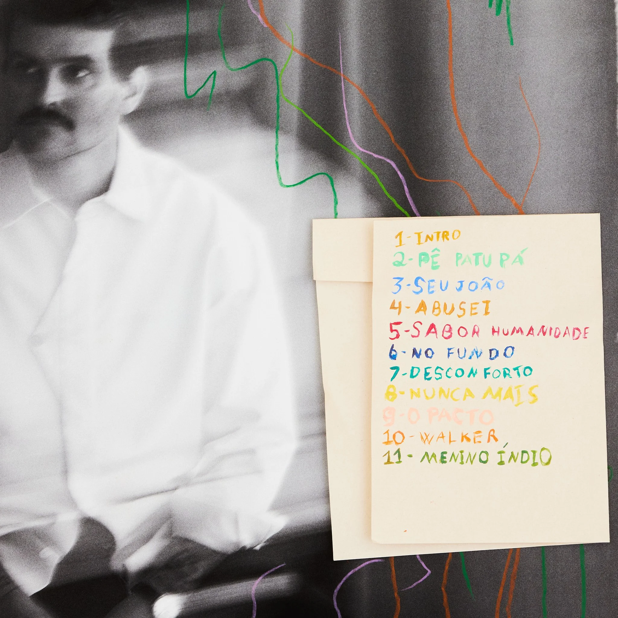 Black and white portrait of a man wearing a white shirt, with the left side of his face slightly blurred. A colorful handwritten list on a white piece of paper is partially covering the right side of the image, with multicolored squiggly lines in the