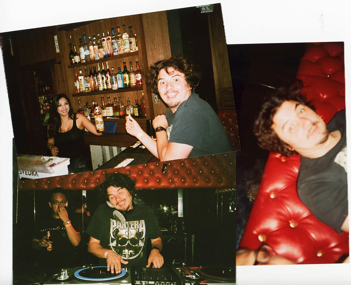 Group of friends enjoying a night out at a bar, with a DJ playing music and bottles of alcohol on display.