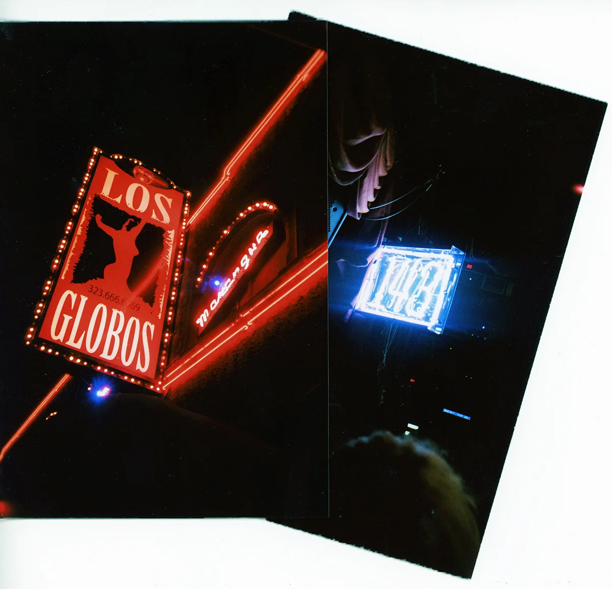 Neon signs at night, including a red sign that reads "LOS GLOBOS" with a silhouette of a woman and a phone number, and a blue illuminated sign displaying the word "VIBE."