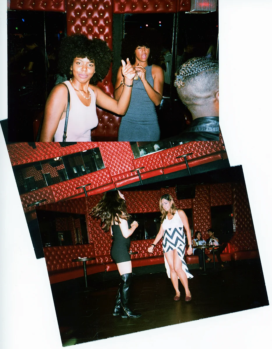 Photos taken inside a lively bar or club with red tufted walls. The first photo shows two women with dark curly hair and a woman with long dark hair, dancing or chatting. The second photo features two women dancing on the floor, one wearing a black d