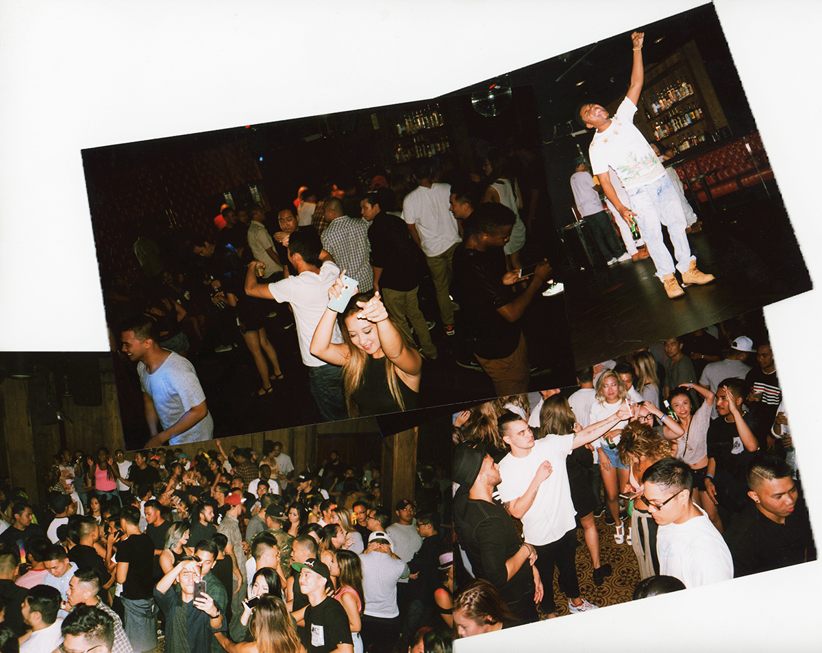 Photos of people dancing and socializing at a nightclub or party, with a crowded dance floor and a DJ or performer