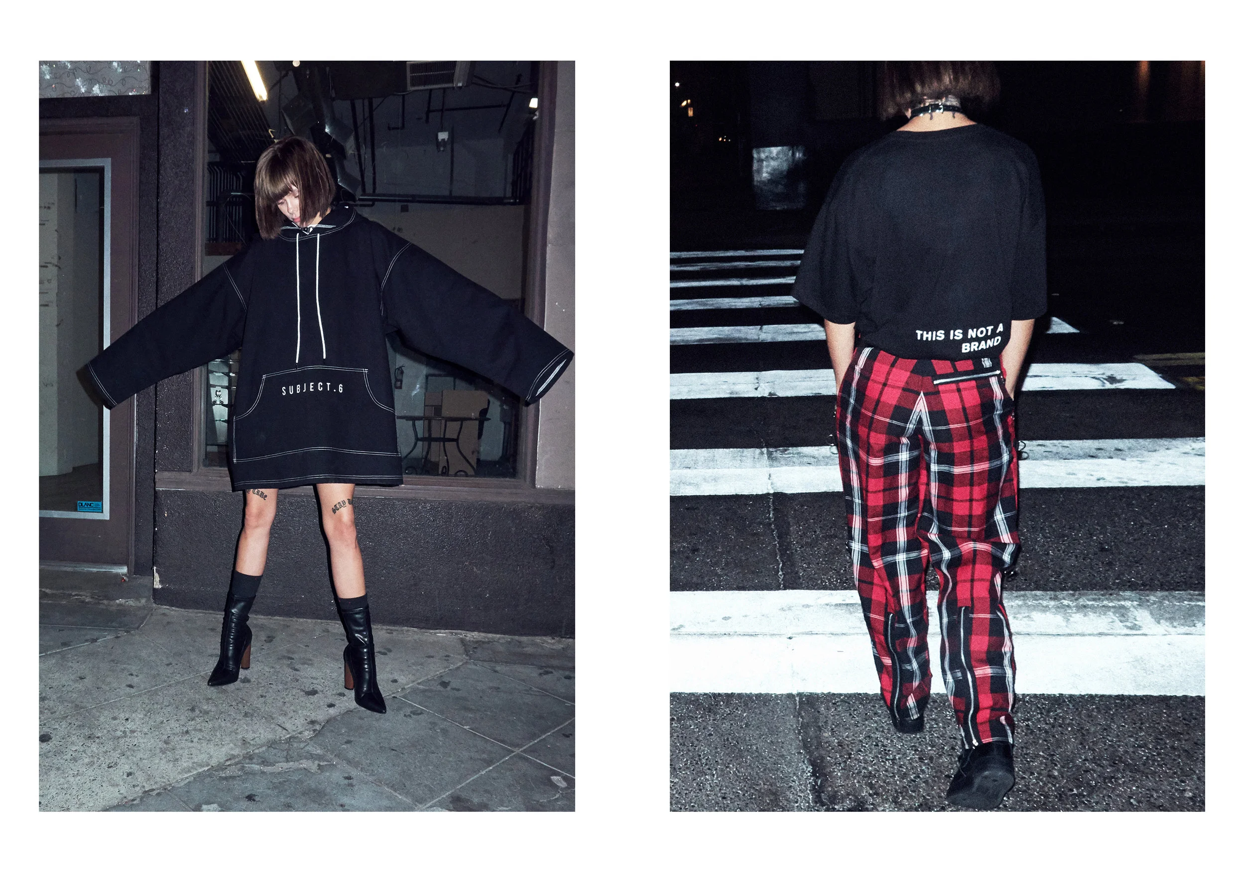 Two fashion-forward individuals in urban settings. The person on the left is wearing a black oversized hoodie with white accents, black heeled boots, and has tattoos on their thighs. The person on the right is wearing a black t-shirt with white text 