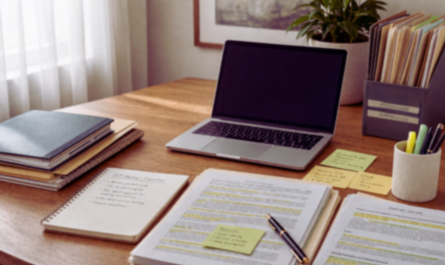 A cluttered wooden desk with a closed laptop, stacks of notebooks, printed papers with highlighted text and sticky notes, a pen, a small container with writing utensils, and a file organizer filled with folders. In the background, a plant, picture frame, and sheer curtains are visible.