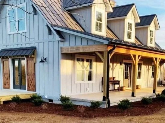 Landscape design and installation around covered porch outdoor living space in Lynchburg, VA