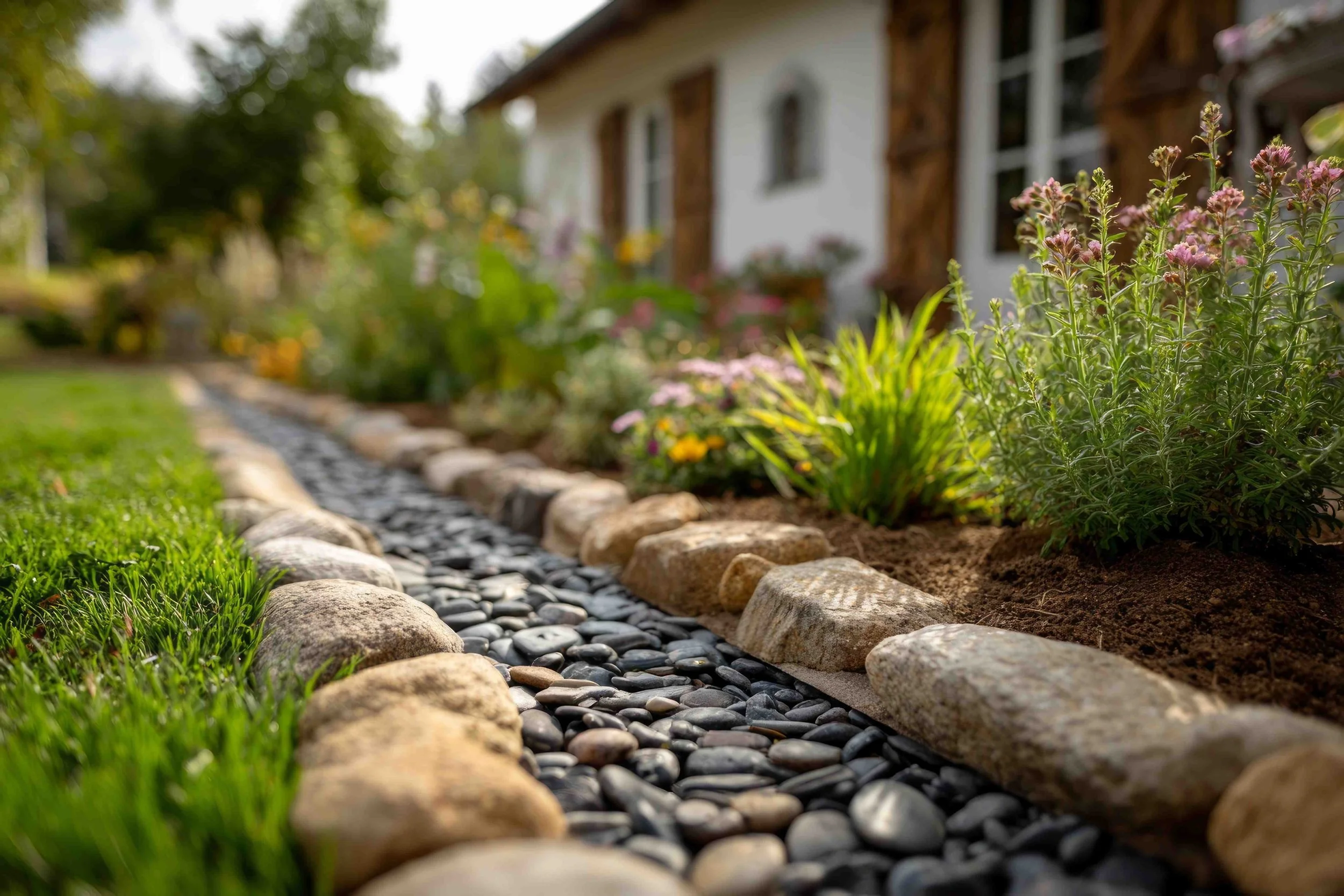 A decorative river rock drainage solution with landscape design and install along a garden bed in Charlottesville, VA
