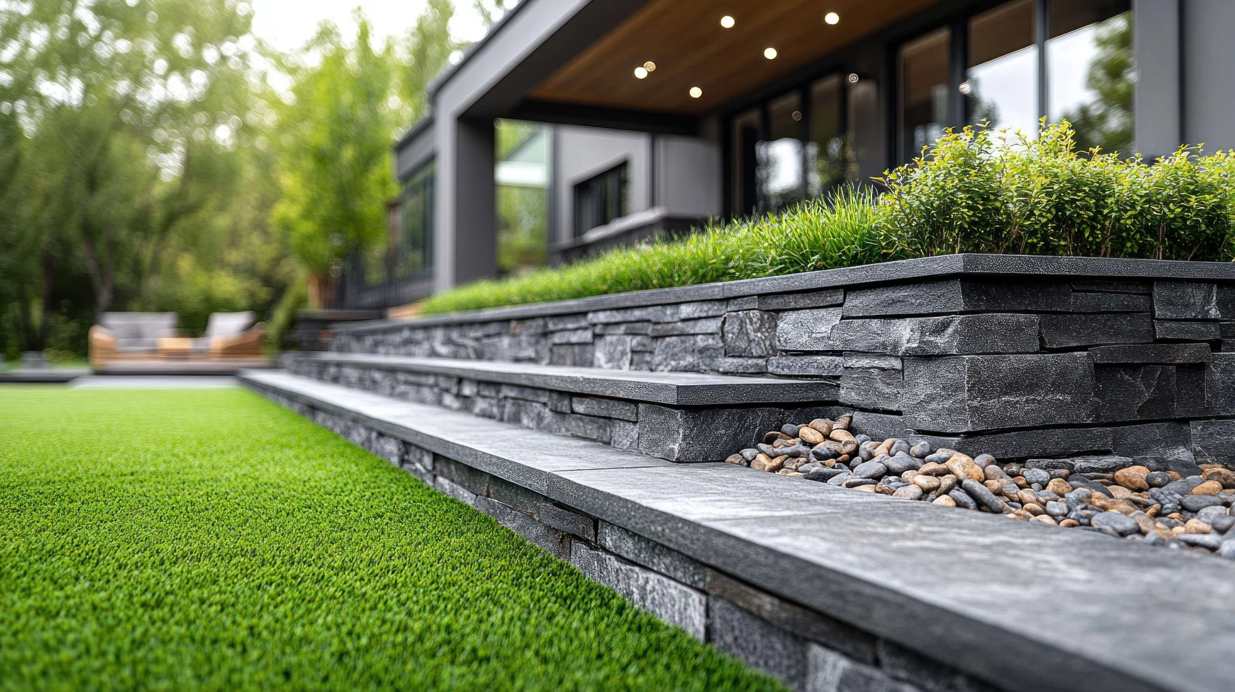 Modern retaining wall with tiered stone design and landscaping in Lynchburg, VA.jpeg