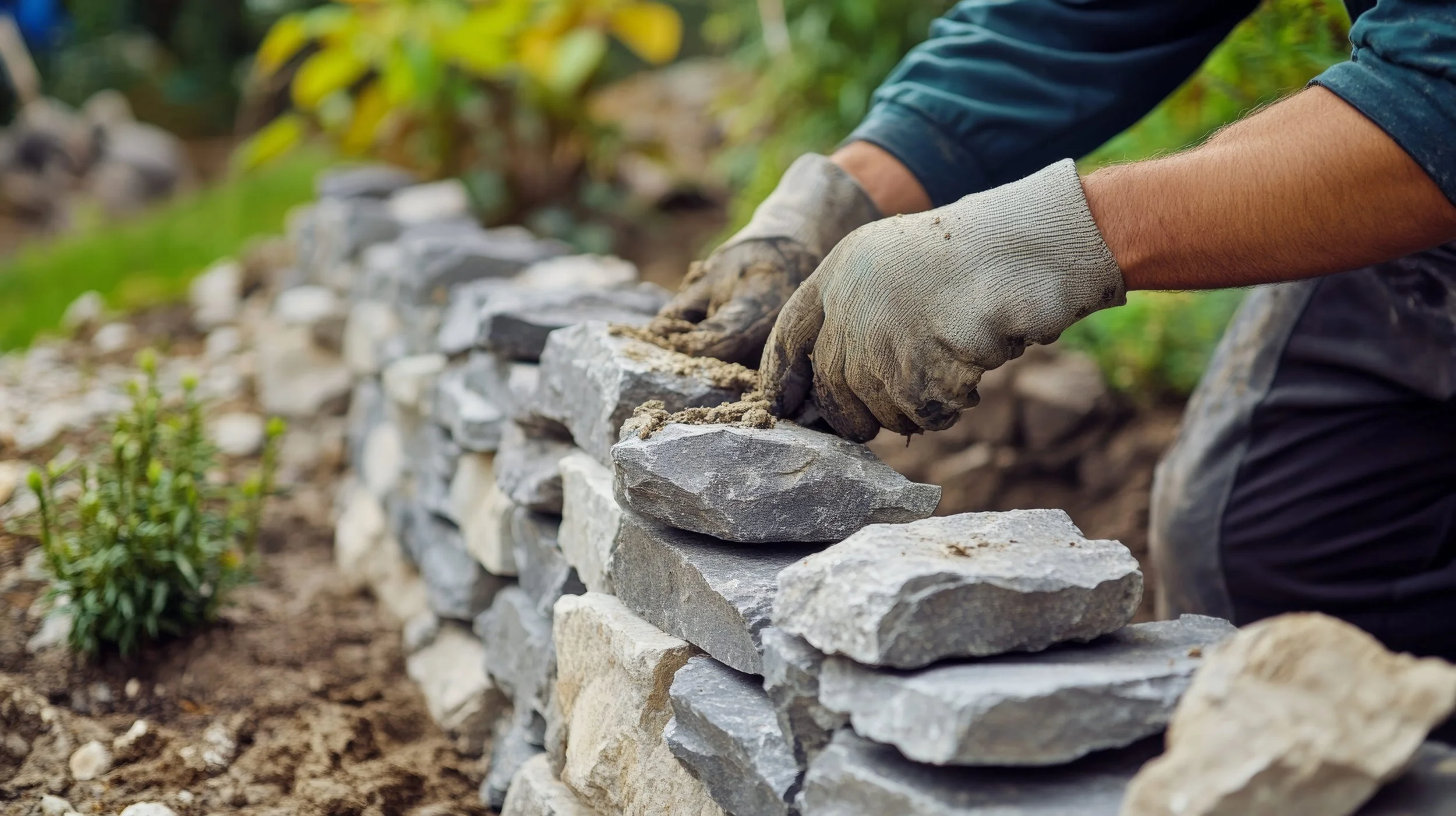 A retaining wall installation using natural stone for structural support and landscape design in Roanoke, VA