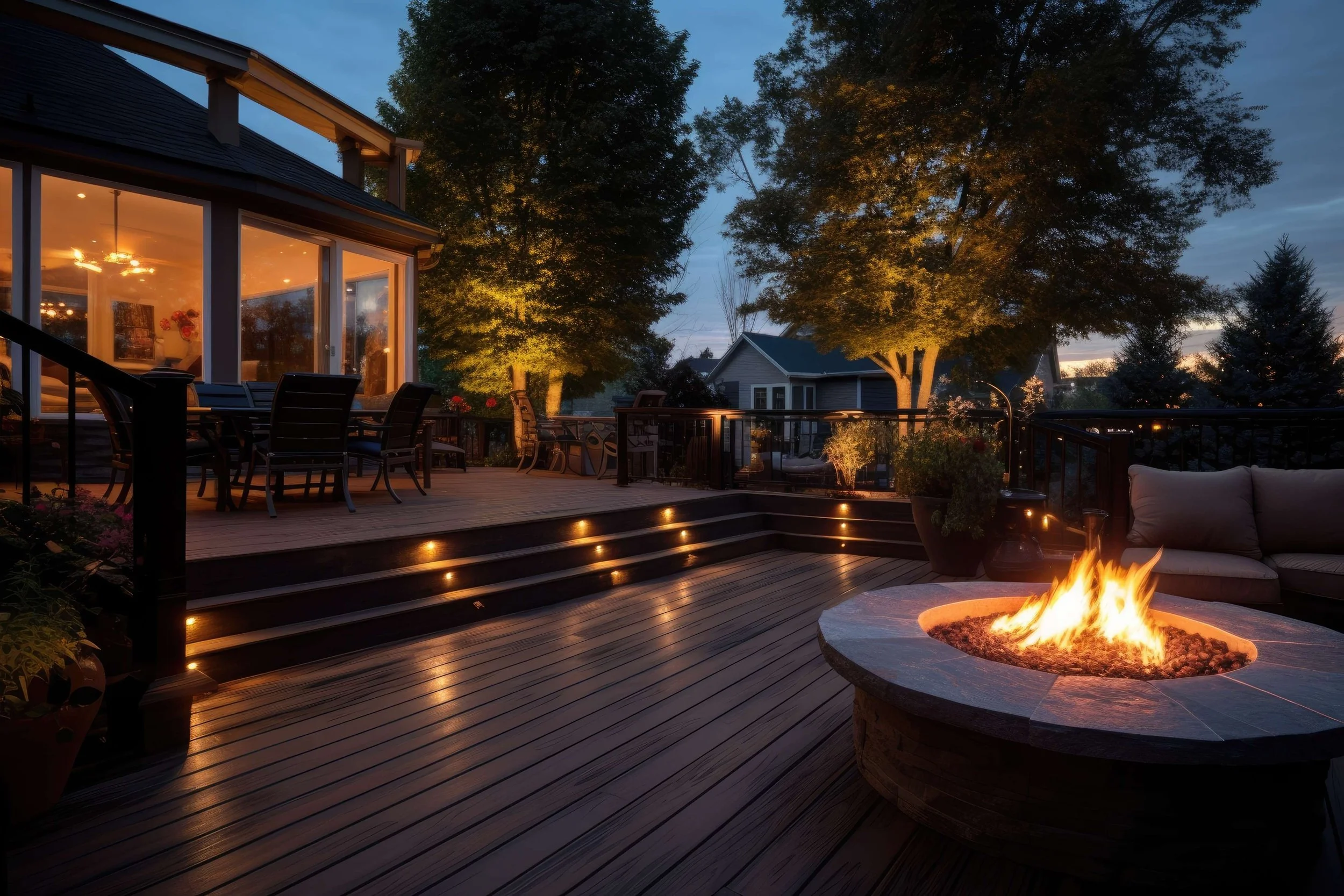 Outdoor deck with fire pit and warm landscape lighting in Forest, VA custom outdoor living space.jpeg