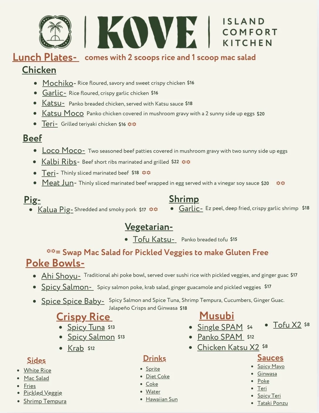 Menu from Kove Island Comfort Kitchen featuring various lunch plates, poke bowls, crispy rice, and musubi, along with sides, drinks, and sauces.