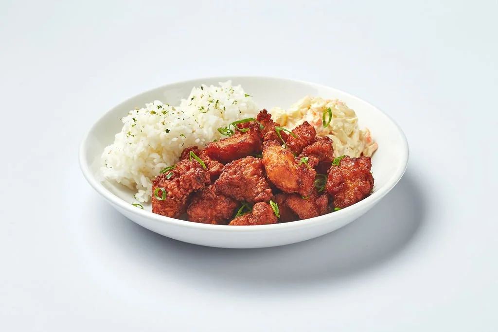 Mochiko Chicken served with White Rice and Mac Salad