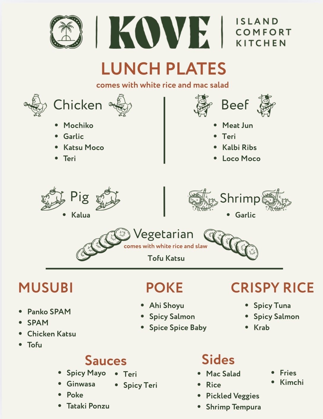 Menu from Kove Island Comfort Kitchen featuring lunch plates, musubi, poke, crispy rice, sauces, and sides, with cartoon illustrations of animals and food.