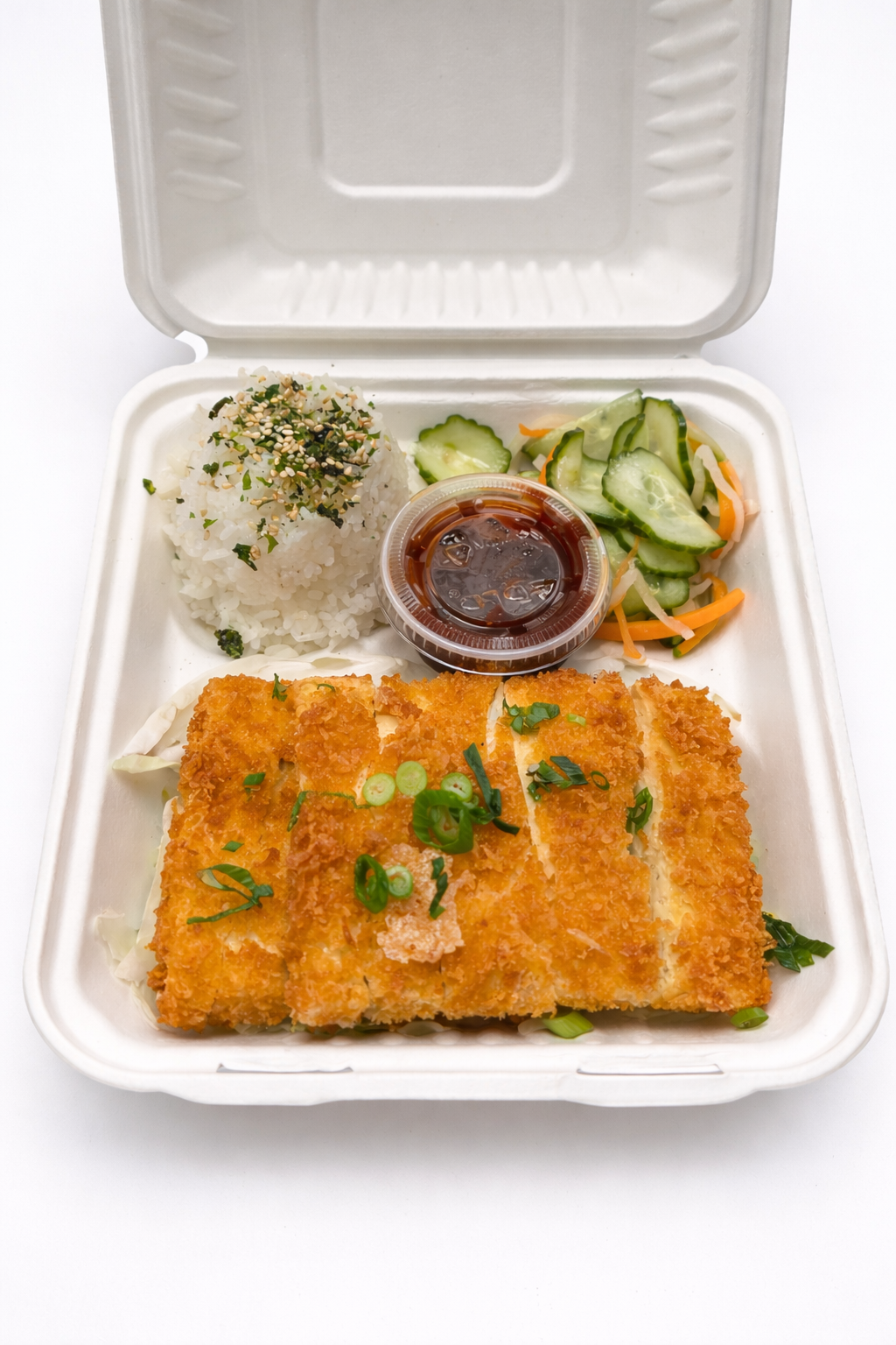 vegetarian hawaiian plate. tofu katsu served with pickled veggies