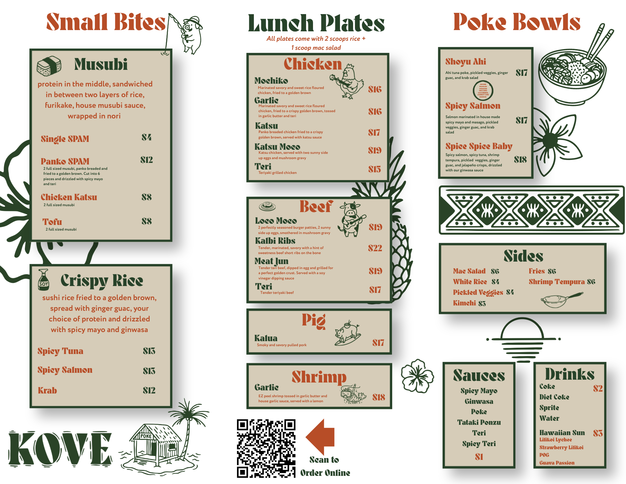 Restaurant menu featuring small bites, lunch plates, poke bowls, sides, sauces, and drinks, with illustrations of a poke hut, a flower, and a small house.