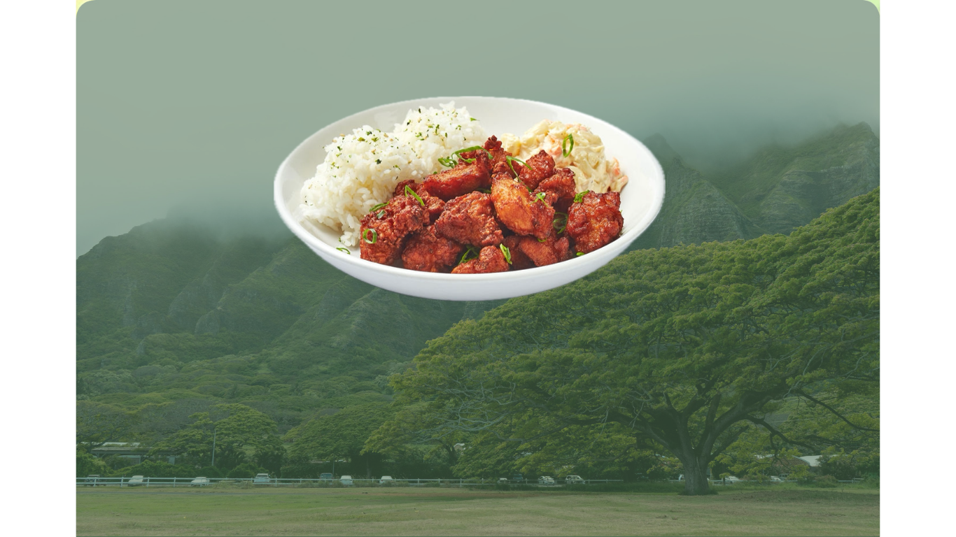 A bowl of Chinese takeout food with rice, fried chicken, and potato salad, floating above a landscape of green mountains and trees.