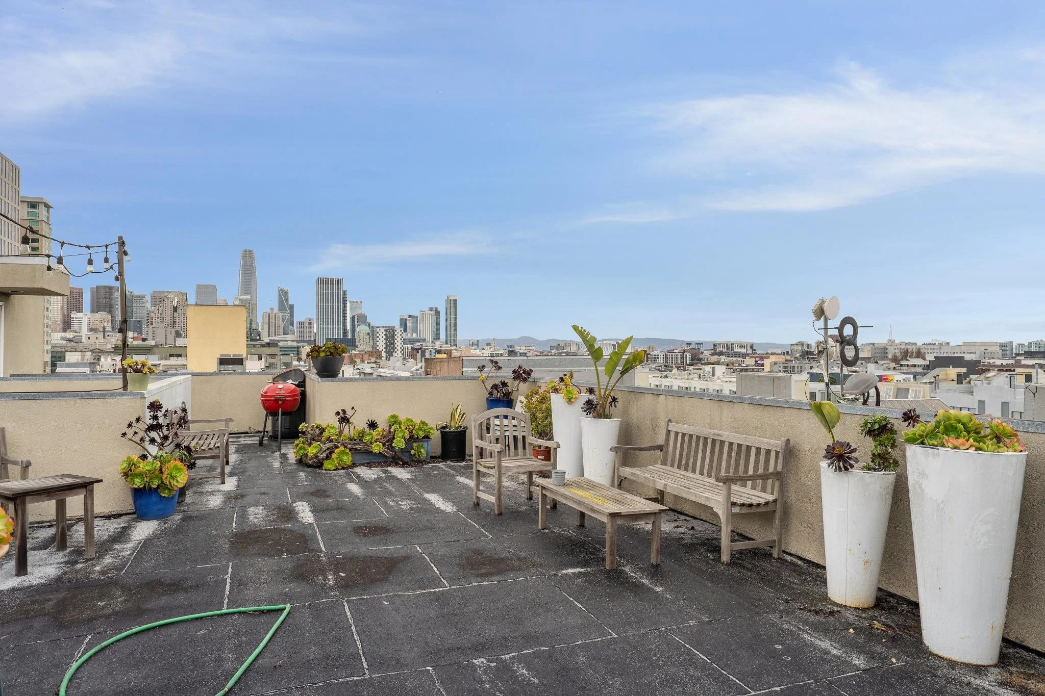Rooftop patio with wooden benches, potted plants, a grill, and a city skyline in the background on a clear day.